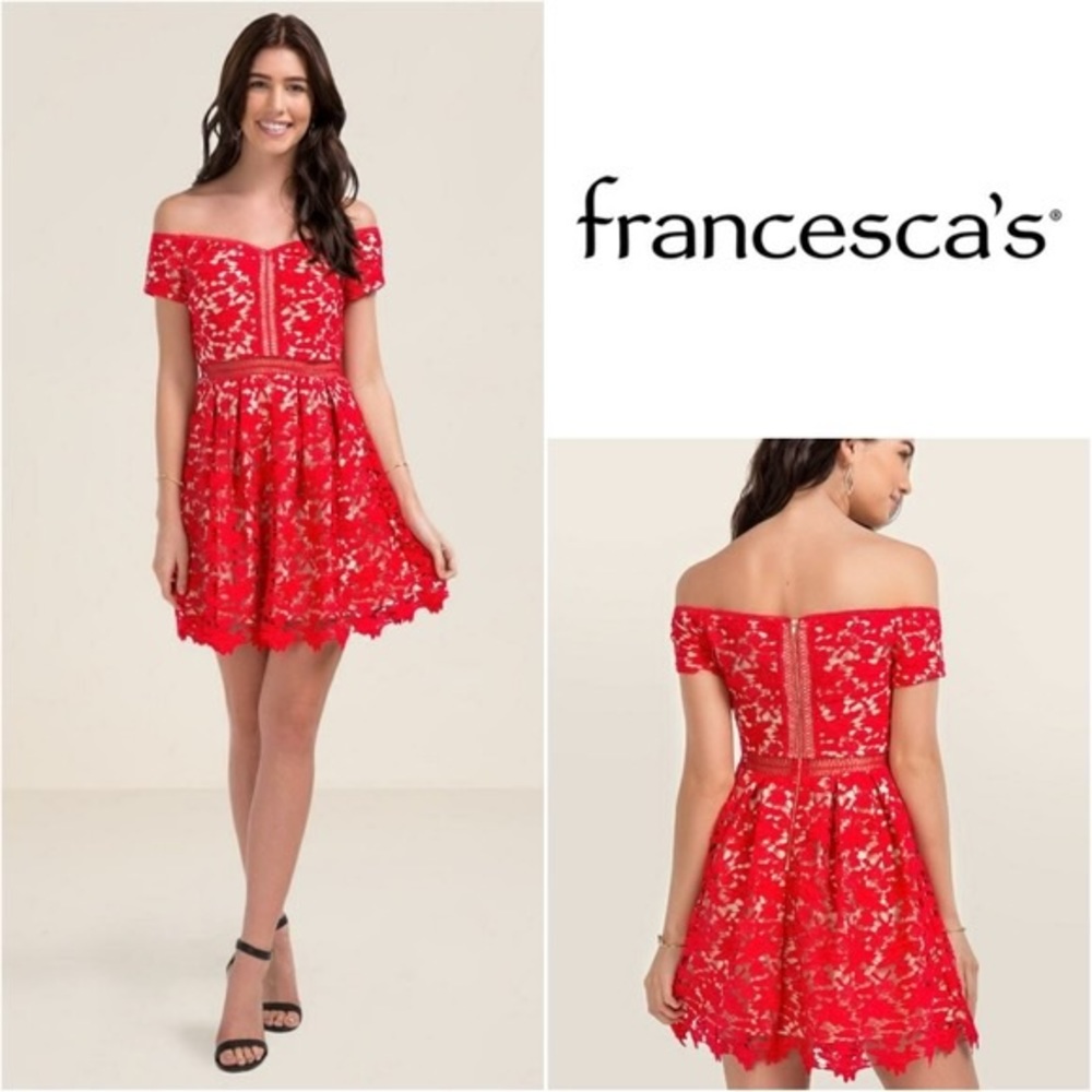 Francesca’s Beverly Red Lace Cocktail Dress Off the Shoulder S Small Flare Mini